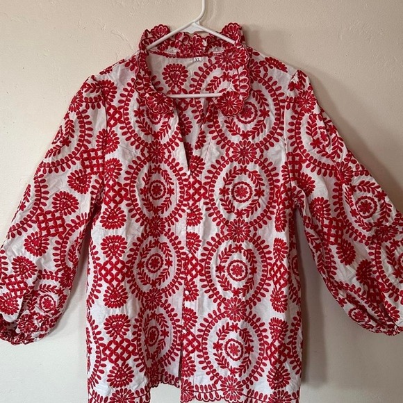 The Unbranded Brand Tops - Red and white embroidered polyester blouse with circular floral motifs, size XL